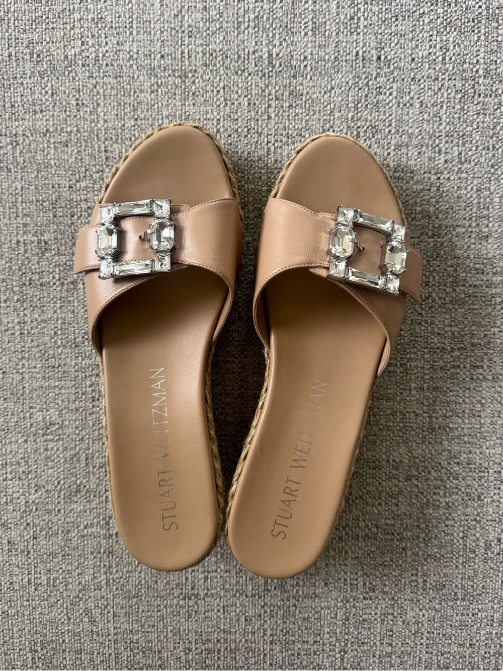 Stuart Weitzman Crystal Buckle Nude Leather Espadrille Wedge Sandals